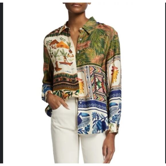 Farm Rio Shirt Womens XS Multicolor Tropical Patchwork Button Front Boho - Picture 1 of 7